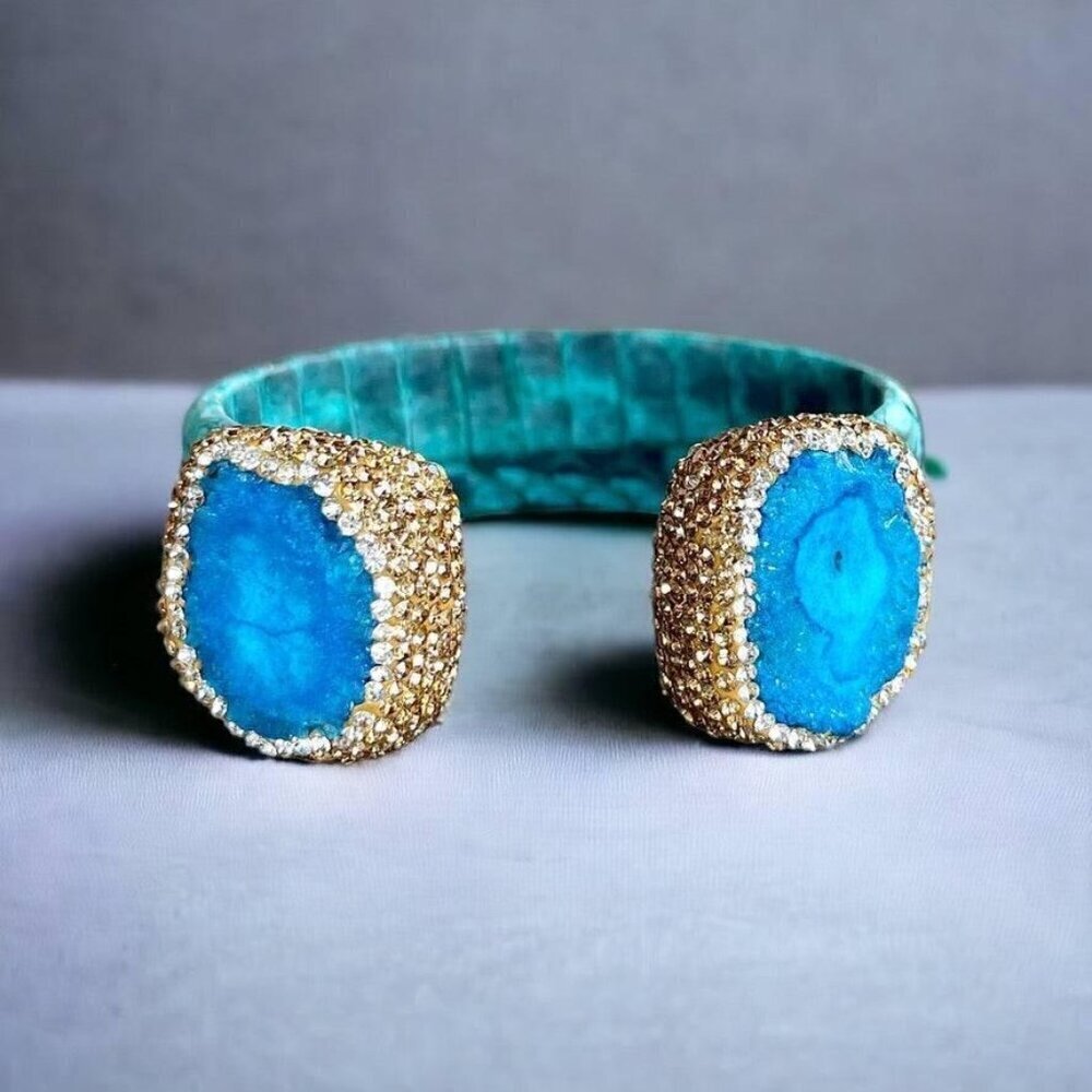 Blue Dyed Raw Crystal Open Cuff Bracelet with Blue Embossed Leather